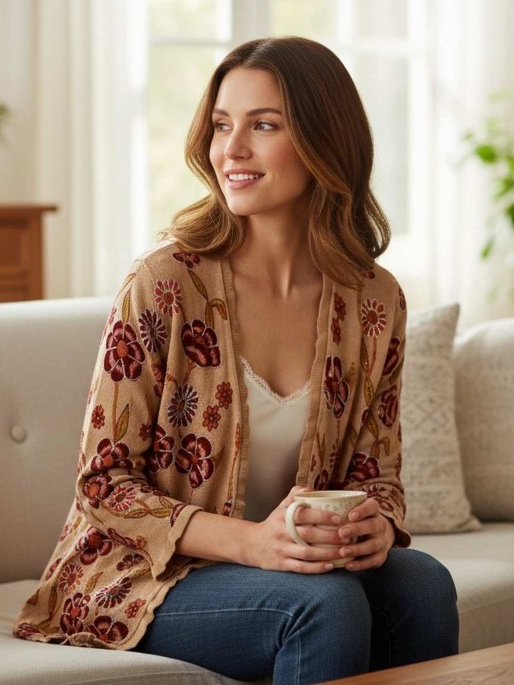 Sleeping On Snow Anthropologie Camel Floral Beaded Open Front Cardigan‎
